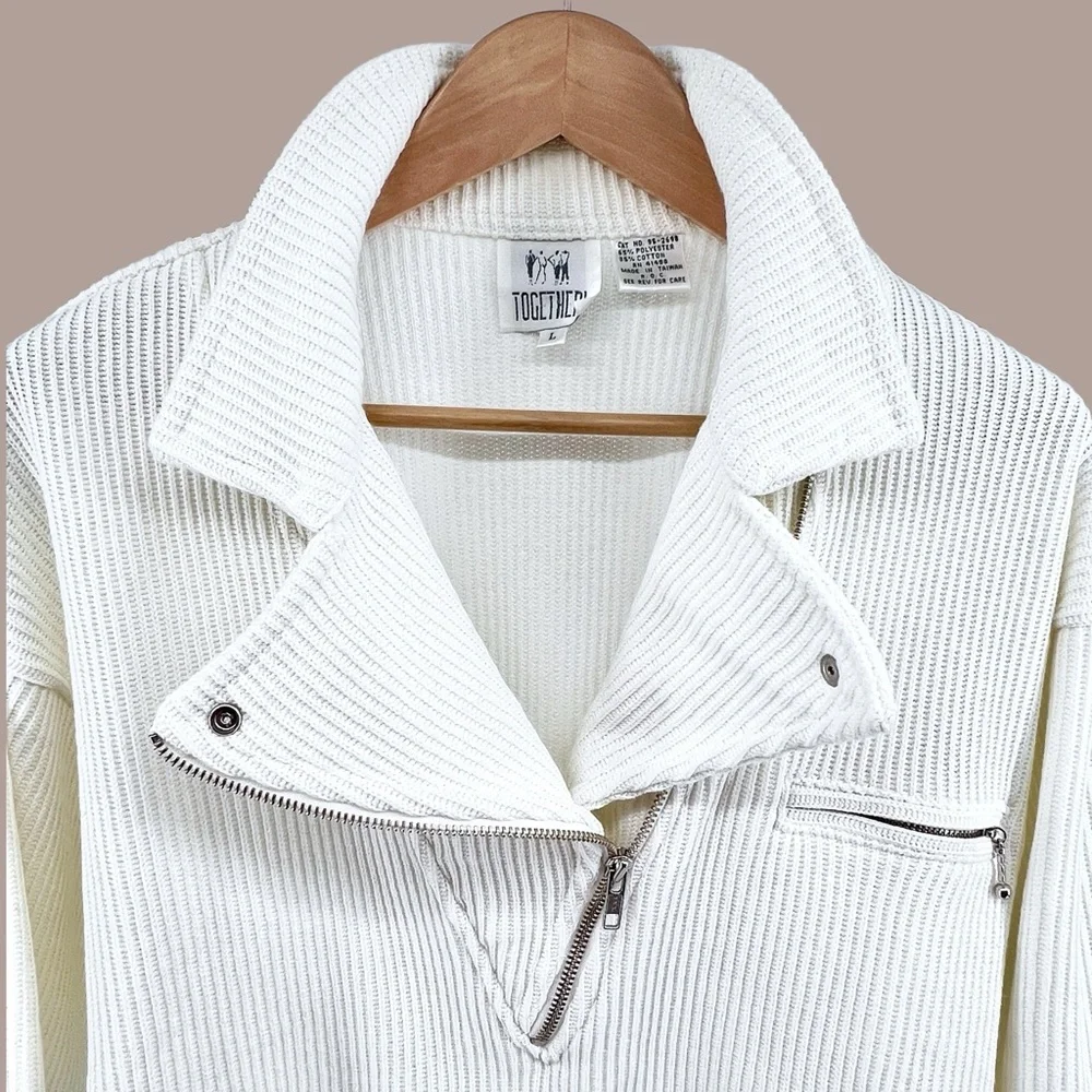Vintage Together Ribbed Sweater Large Knit White Asymmetrical Zip Collared Moto - Picture 6 of 16